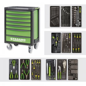 Fasano Tools FG 100V/AS183, καρότσι εργαλείων με 183 εργαλεία, πράσινο καρότσι εργαλείων Fasano Tools, εργαλειοφόρος 7 συρταριών